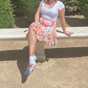 Olivaceous Asymmetrical Floral Skirt - Pink and Orange